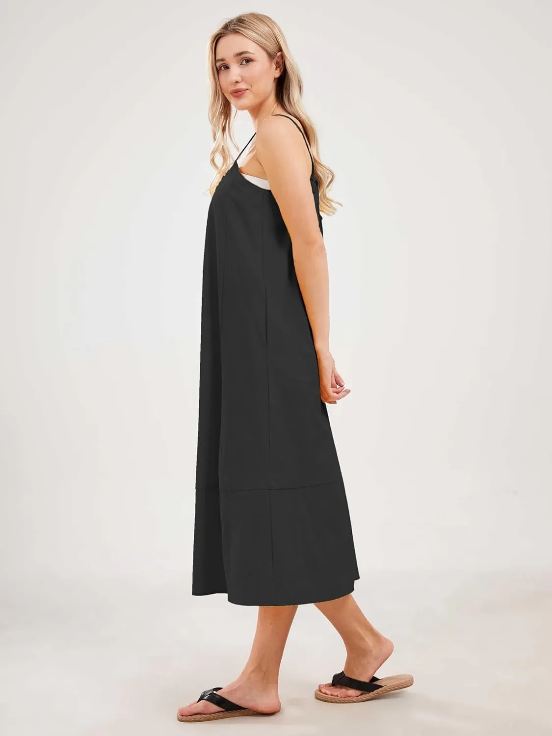 Womens Summer Dresses Sleeveless Spaghetti Strap Lounge Dress Flowy A-Line Midi Dress