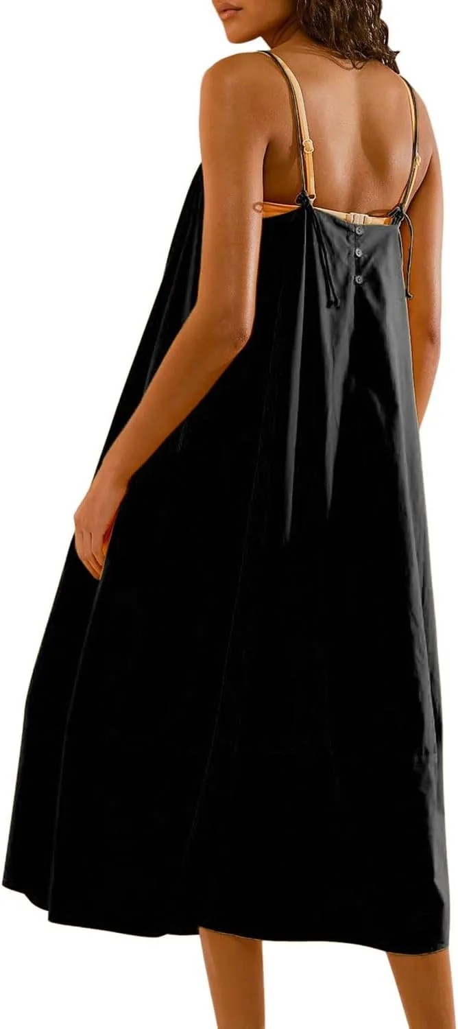 Womens Summer Dresses Sleeveless Spaghetti Strap Lounge Dress Flowy A-Line Midi Dress