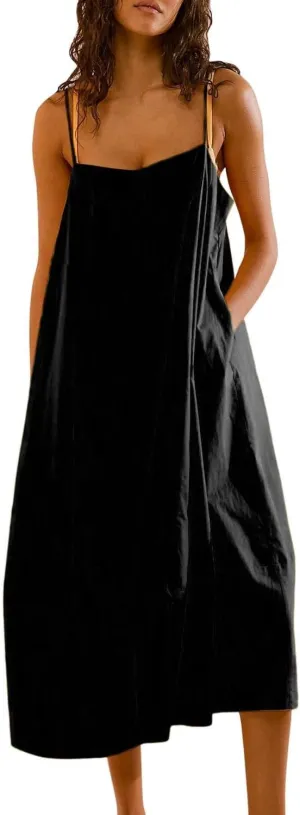 Womens Summer Dresses Sleeveless Spaghetti Strap Lounge Dress Flowy A-Line Midi Dress
