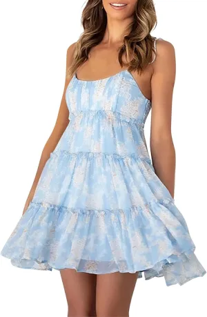 Women's Summer Floral Sleeveless A-Line Mini Dress with Adjustable Straps Casual Outfit