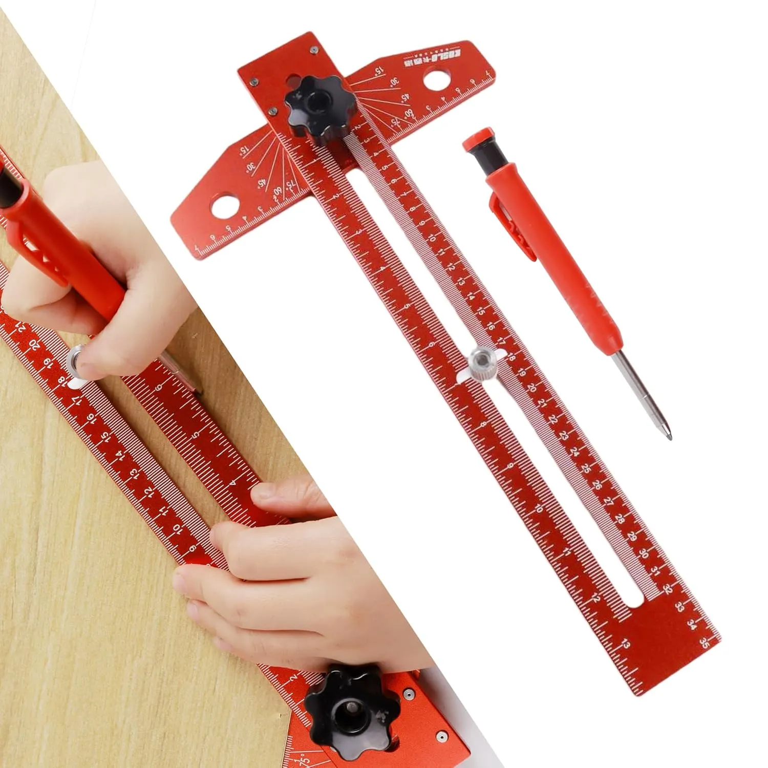 Woodworking Scriber Marking Line Ruler, T Type Woodworking Ruler 16 inch, Adjustable Aluminum Alloy Sliding T-Square Ruler, Precision Line Drawing aid Ruler with Angle Adjustment Scale(Red)