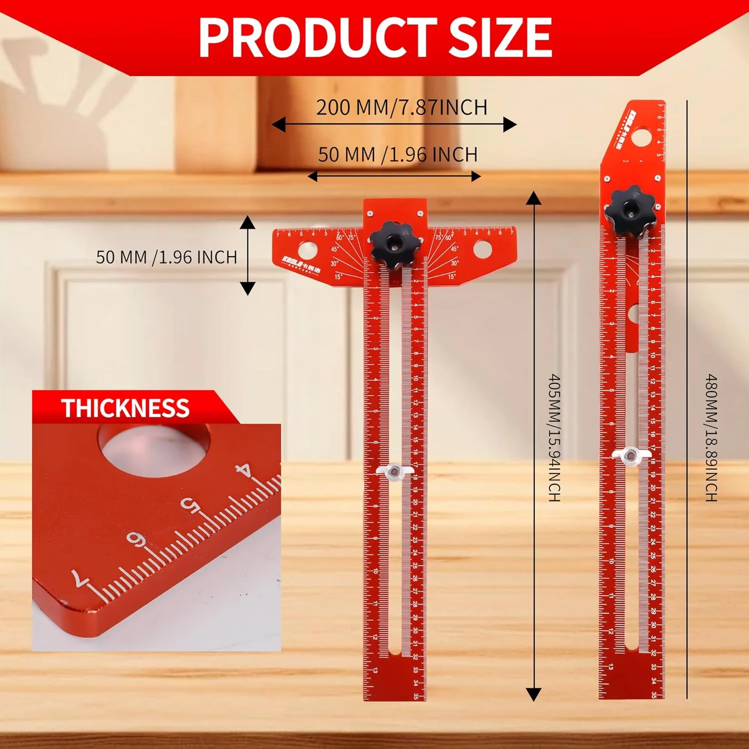 Woodworking Scriber Marking Line Ruler, T Type Woodworking Ruler 16 inch, Adjustable Aluminum Alloy Sliding T-Square Ruler, Precision Line Drawing aid Ruler with Angle Adjustment Scale(Red)
