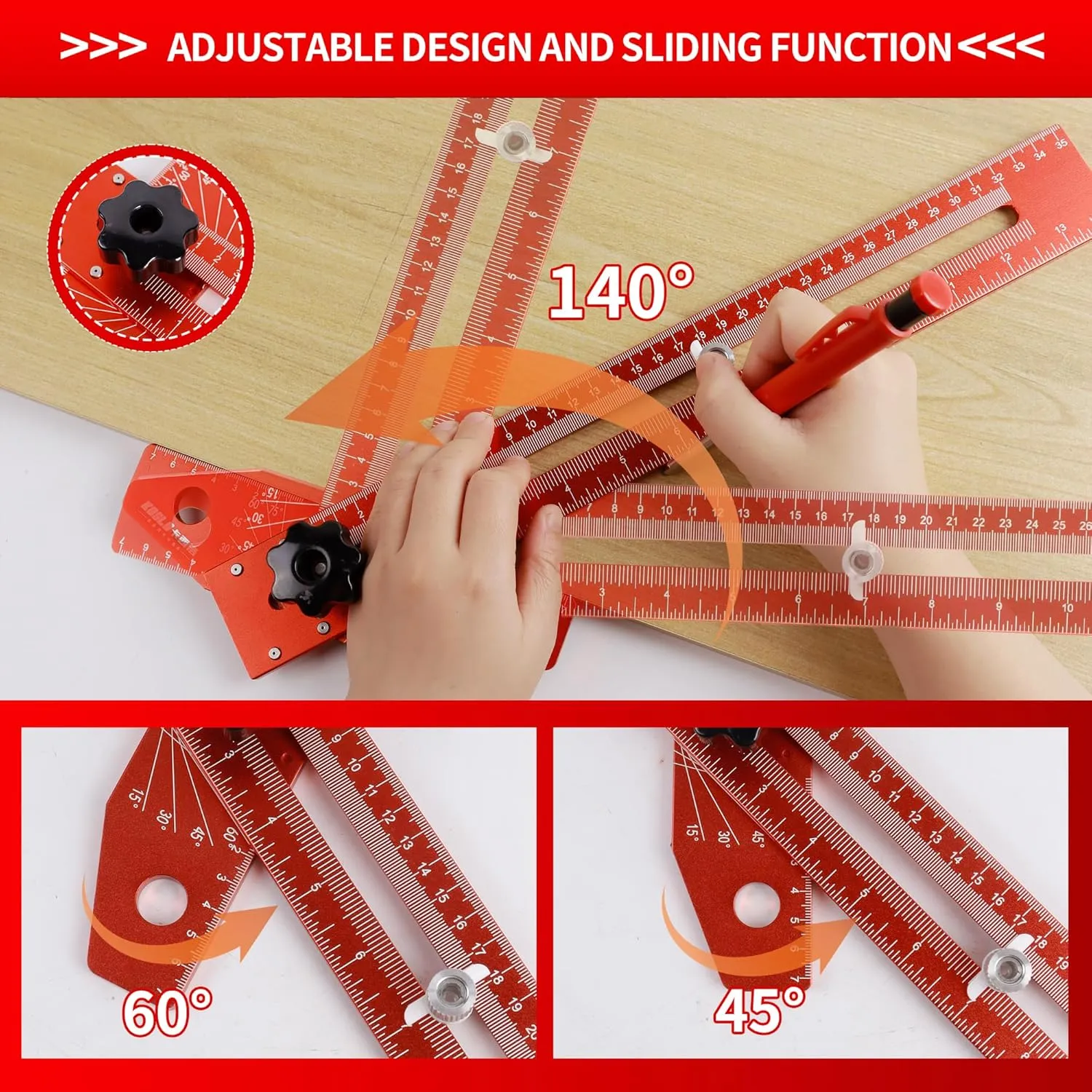 Woodworking Scriber Marking Line Ruler, T Type Woodworking Ruler 16 inch, Adjustable Aluminum Alloy Sliding T-Square Ruler, Precision Line Drawing aid Ruler with Angle Adjustment Scale(Red)