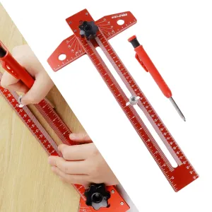 Woodworking Scriber Marking Line Ruler, T Type Woodworking Ruler 16 inch, Adjustable Aluminum Alloy Sliding T-Square Ruler, Precision Line Drawing aid Ruler with Angle Adjustment Scale(Red)