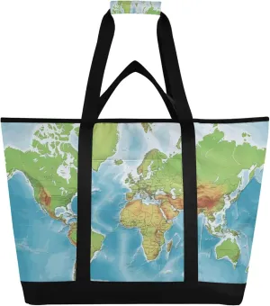 World Map Reusable Insulated Cooler Bag with Ice Pack Compartment - Large 47L Waterproof Thermal Grocery Tote for Picnic Beach Camping Lunch Storage