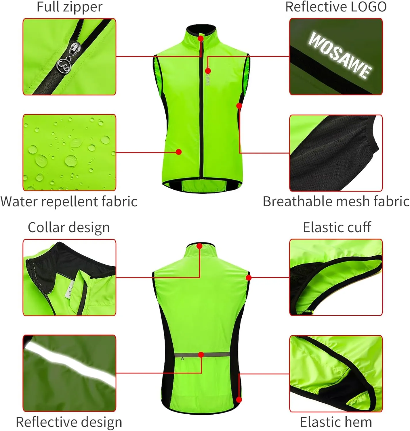 WOSAWE Cycling Vest Lightweight Windbreaker Reflective Gilet for Hiking Runing Fishing Commuting