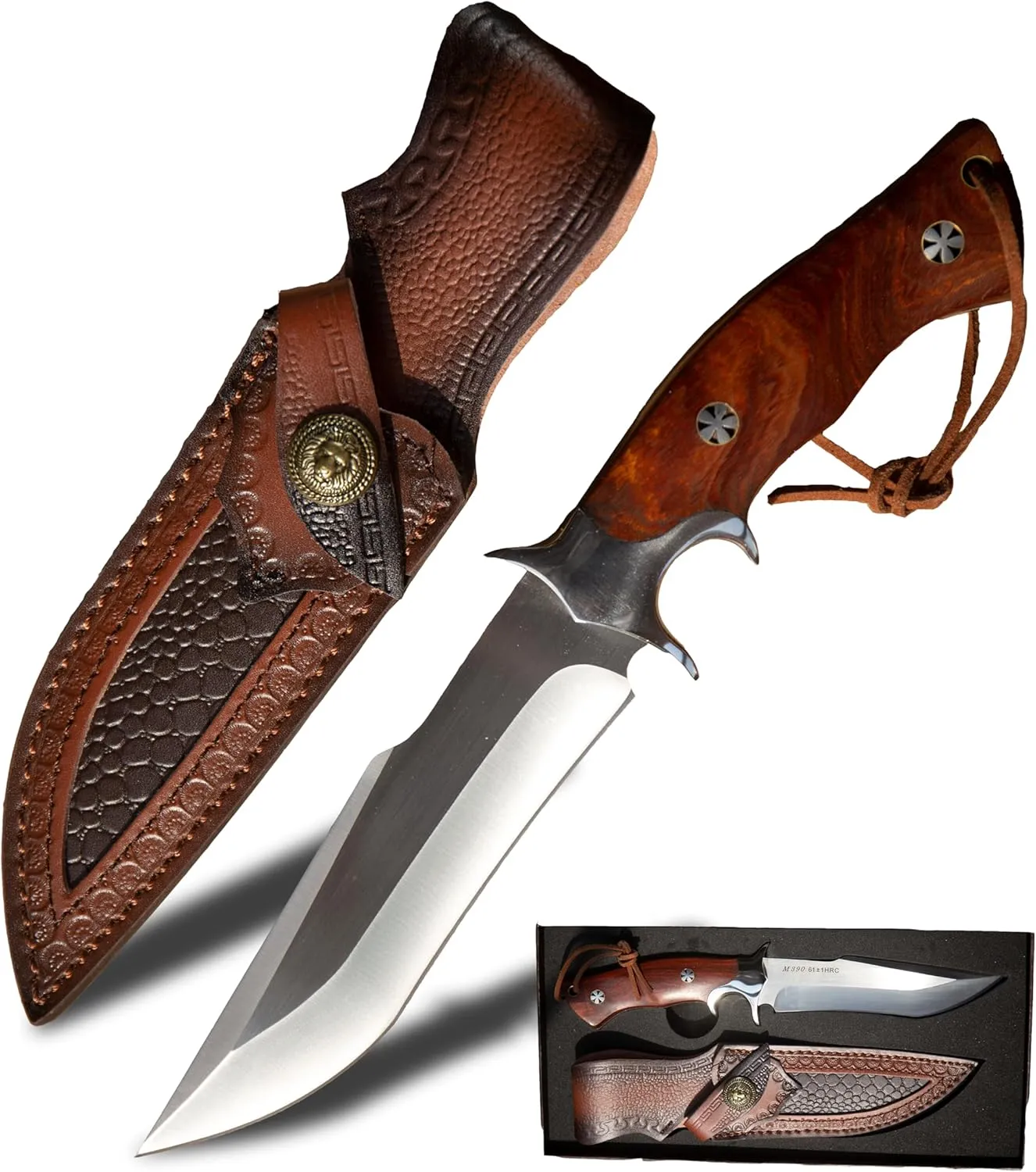 WT03 Handmade Fulltang Fixed Blade Tactical Knife with Leather Sheath, M390 Steel EDC Knives with Rosewood Handle, Hunting, Camping Gifts for Men