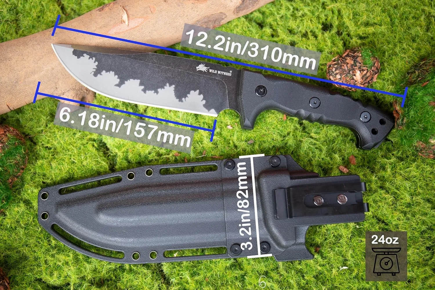 WT11 12'' Fixed Blade Fulltang Heavy Duty Knife, Military Tactical Knife with Keydex Sheath, Survival Bushcraft Knife for Hunting, Outdoor, Camping, Gift for Men (Black)