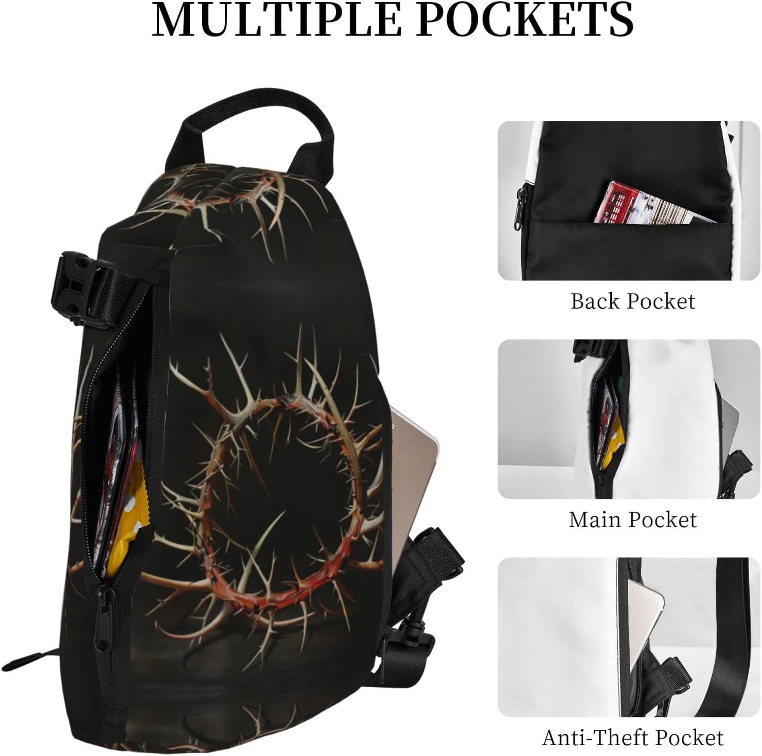 WURTON Crown Of Thorns Print Crossbody Backpack Cross Pack Lightweight Sling Bag Travel, Hiking