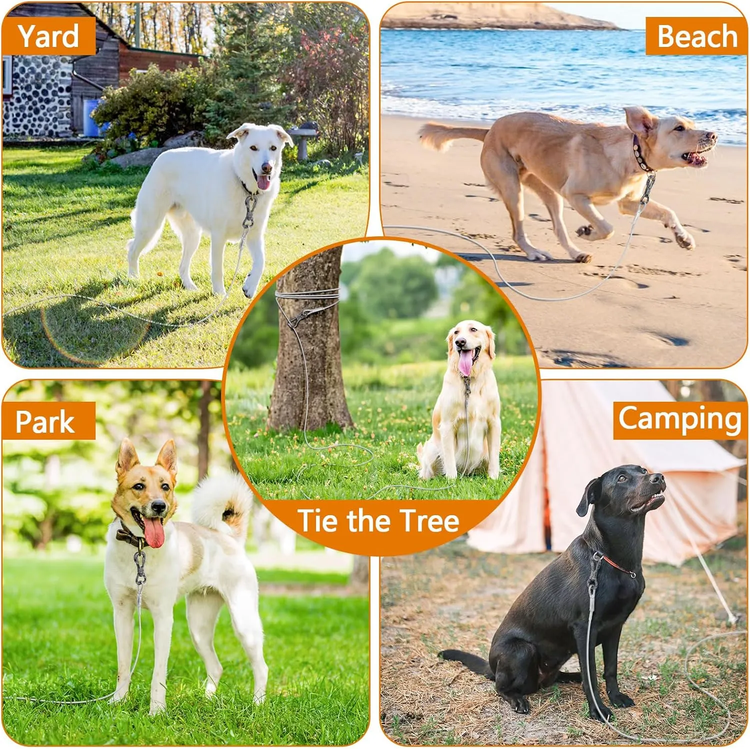 XiaZ Dog Tie Out Cable 50ft, Outdoor Runner Lead Chain Tether for Small Medium Large Dogs, 5mm Diameter Cable,11000 lbs Break Strength, Reflective Silver
