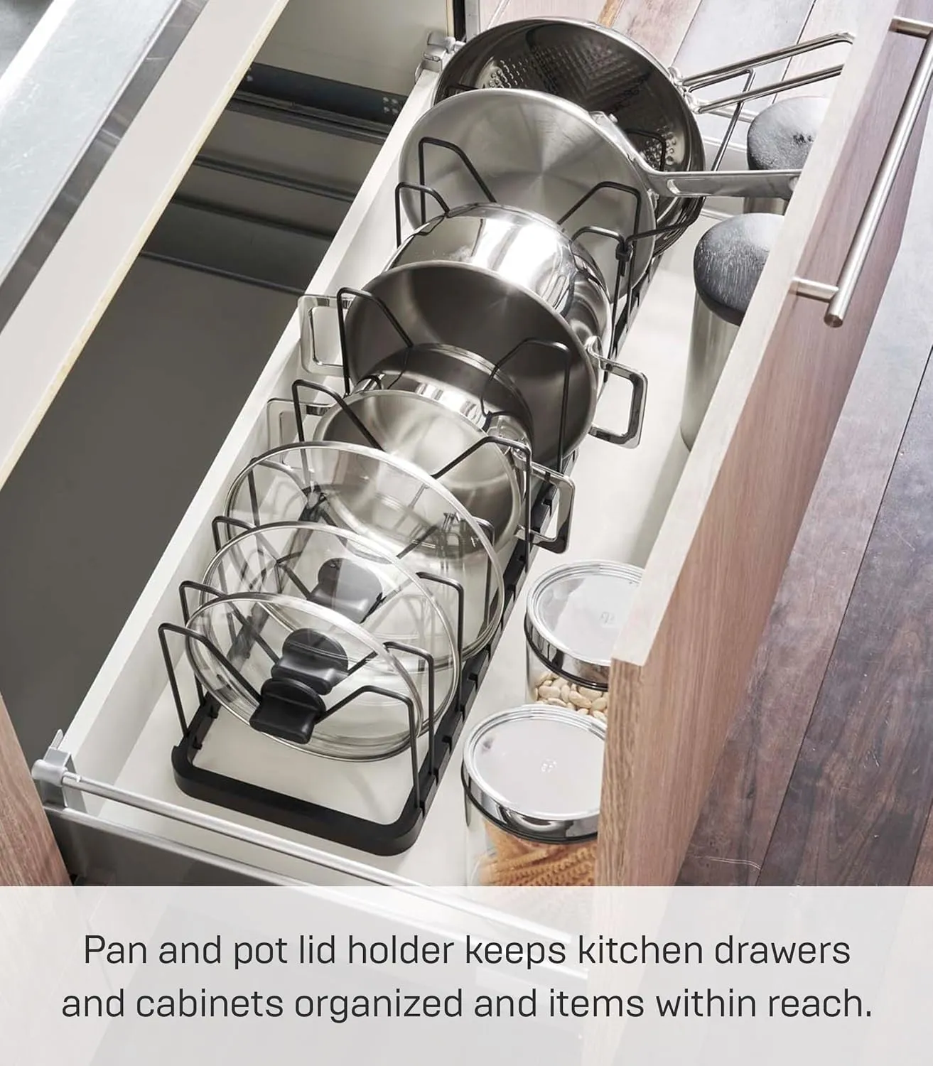 Yamazaki Home Adjustable Lid & Pan Organizer - Kitchen Drawer Storage Shelf Rack Steel One Size Black