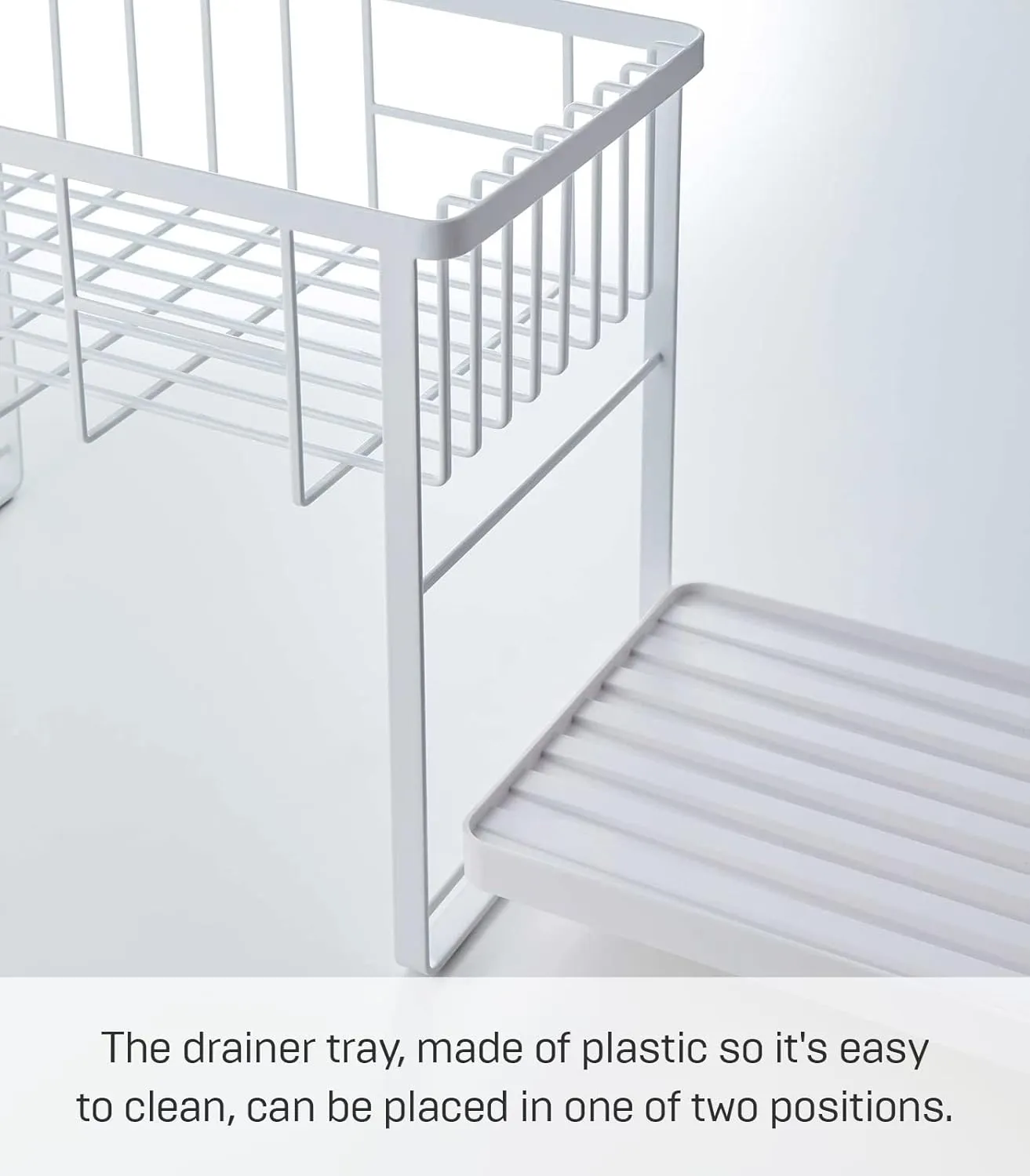Yamazaki Home Two-Tier Adjustable Dish Drainer Rack, Compact Drying Rack with Hooks, Utensils Holder, Steel, Draining Spout, Water Resistant, No Assembly Req., White
