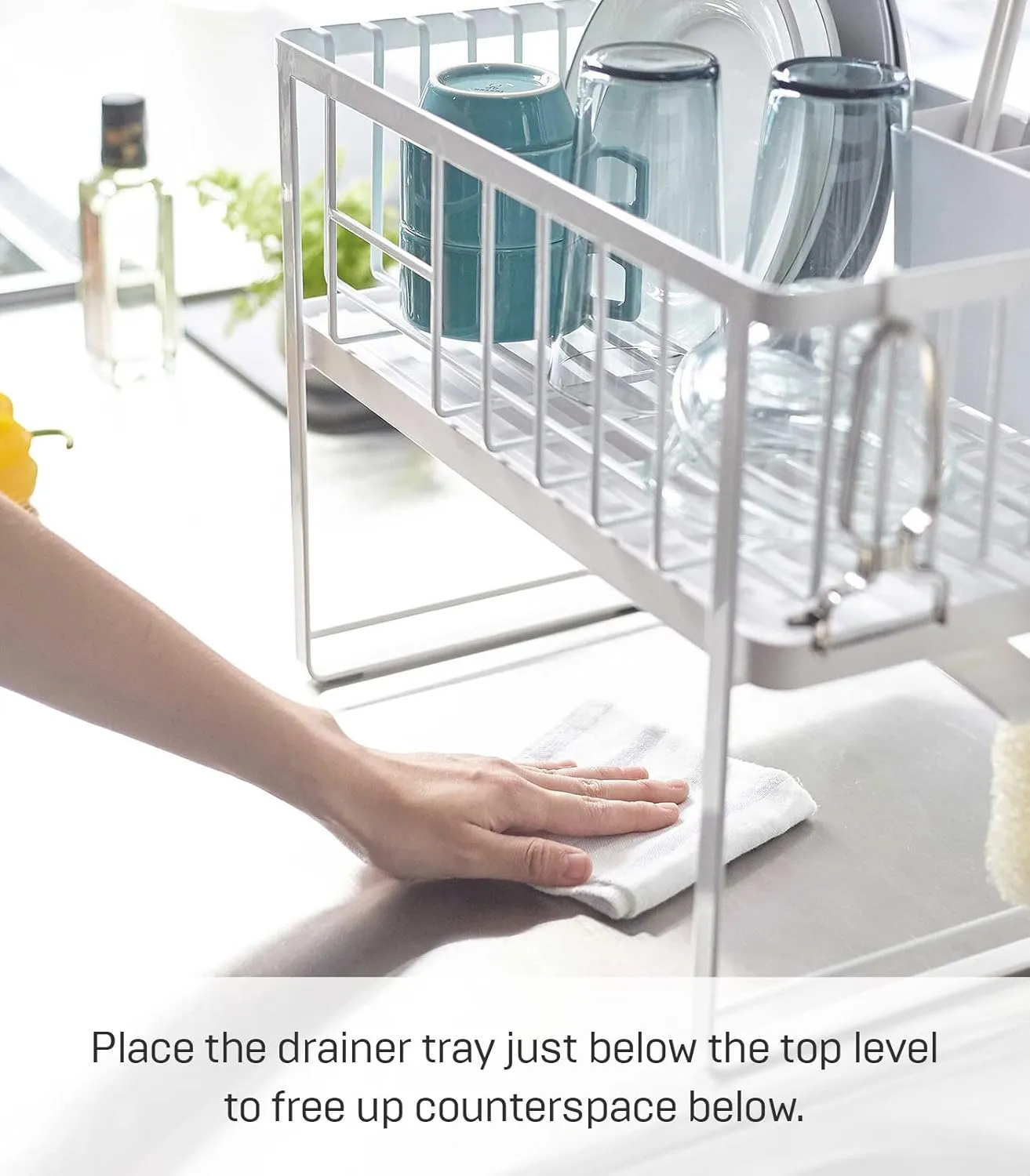 Yamazaki Home Two-Tier Adjustable Dish Drainer Rack, Compact Drying Rack with Hooks, Utensils Holder, Steel, Draining Spout, Water Resistant, No Assembly Req., White
