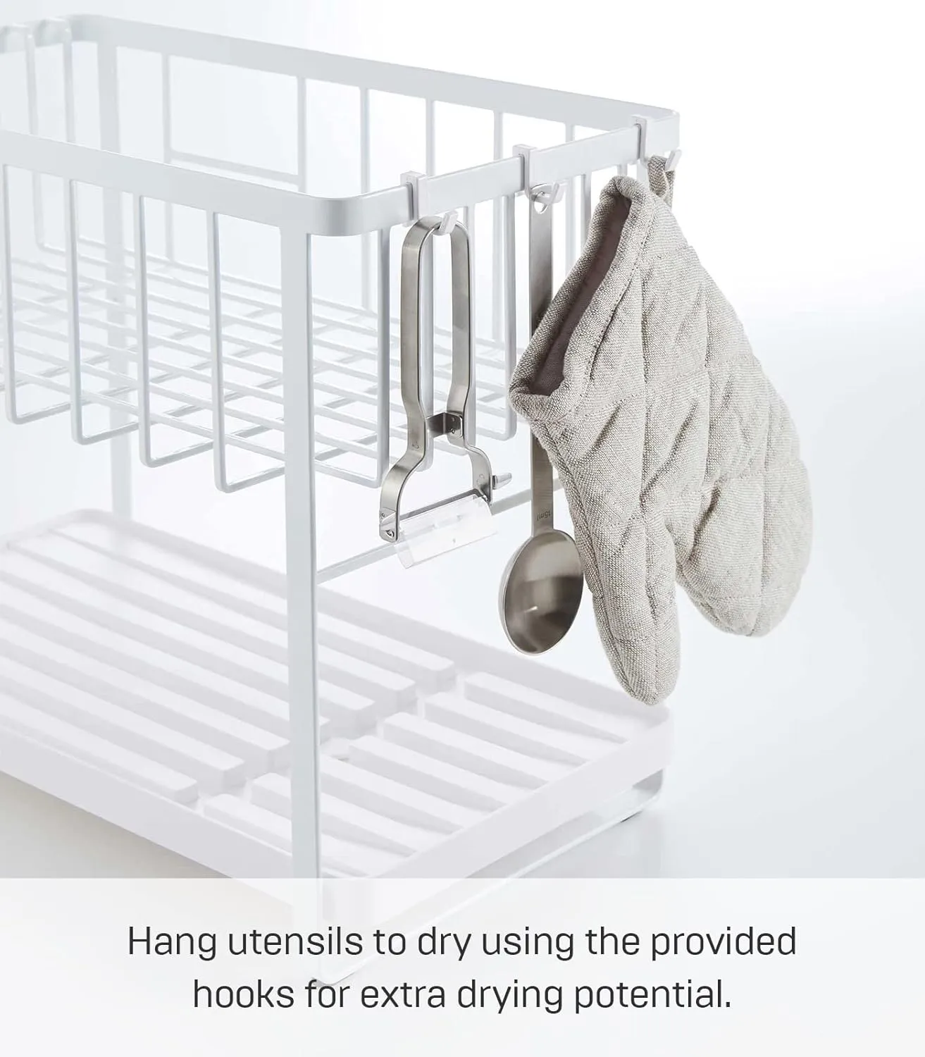 Yamazaki Home Two-Tier Adjustable Dish Drainer Rack, Compact Drying Rack with Hooks, Utensils Holder, Steel, Draining Spout, Water Resistant, No Assembly Req., White