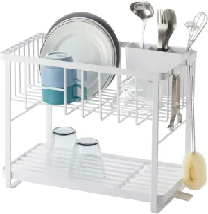 Yamazaki Home Two-Tier Adjustable Dish Drainer Rack, Compact Drying Rack with Hooks, Utensils Holder, Steel, Draining Spout, Water Resistant, No Assembly Req., White