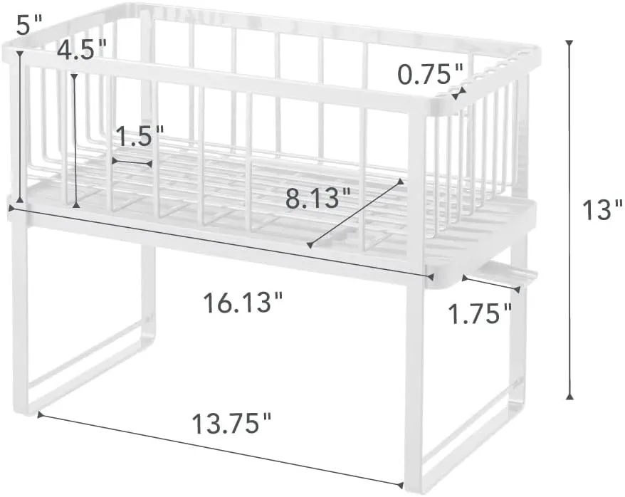 Yamazaki Home Two-Tier Adjustable Dish Drainer Rack, Compact Drying Rack with Hooks, Utensils Holder, Steel, Draining Spout, Water Resistant, No Assembly Req., White