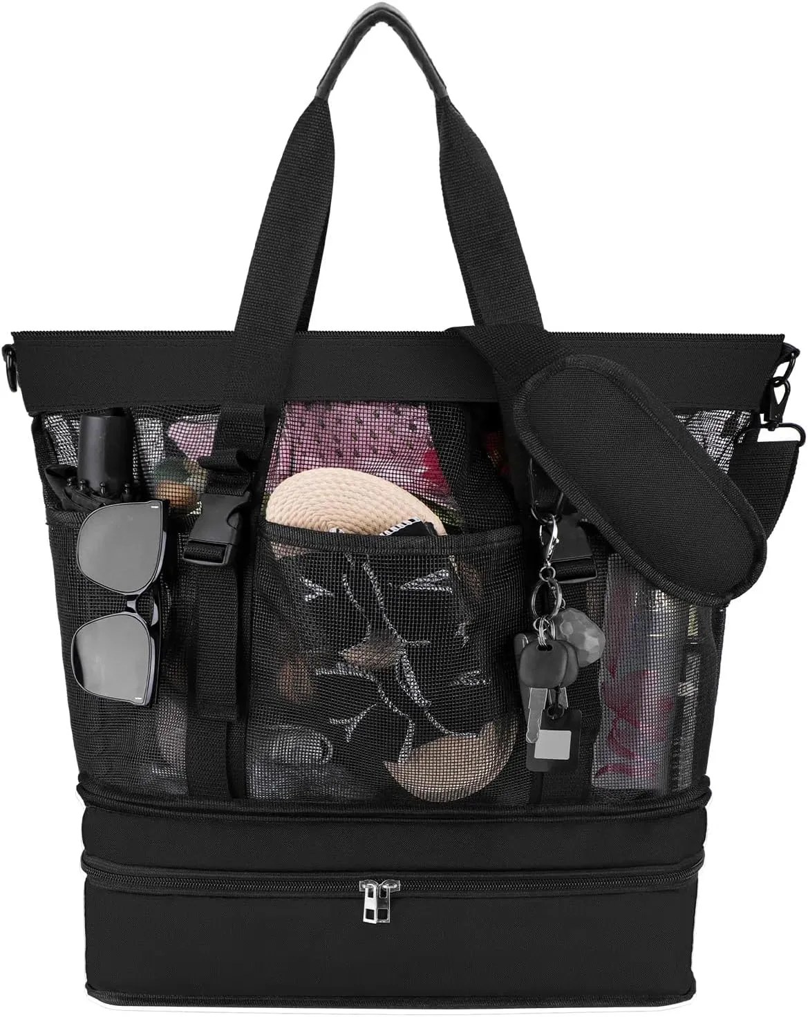 Yotako Beach Bag with Cooler, Mesh Beach Tote Bag with Zipper, 2-in-1 Durable Beach Bag with 10 Pockets, Foldable Tote for Pool Beach Travel Camping, Adjustable Crossbody for Women Men