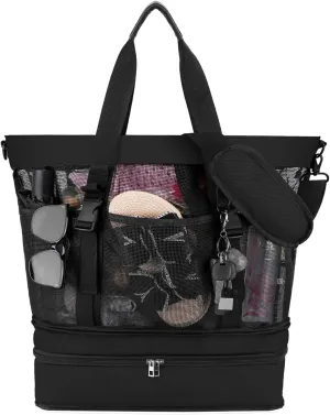 Yotako Beach Bag with Cooler, Mesh Beach Tote Bag with Zipper, 2-in-1 Durable Beach Bag with 10 Pockets, Foldable Tote for Pool Beach Travel Camping, Adjustable Crossbody for Women Men