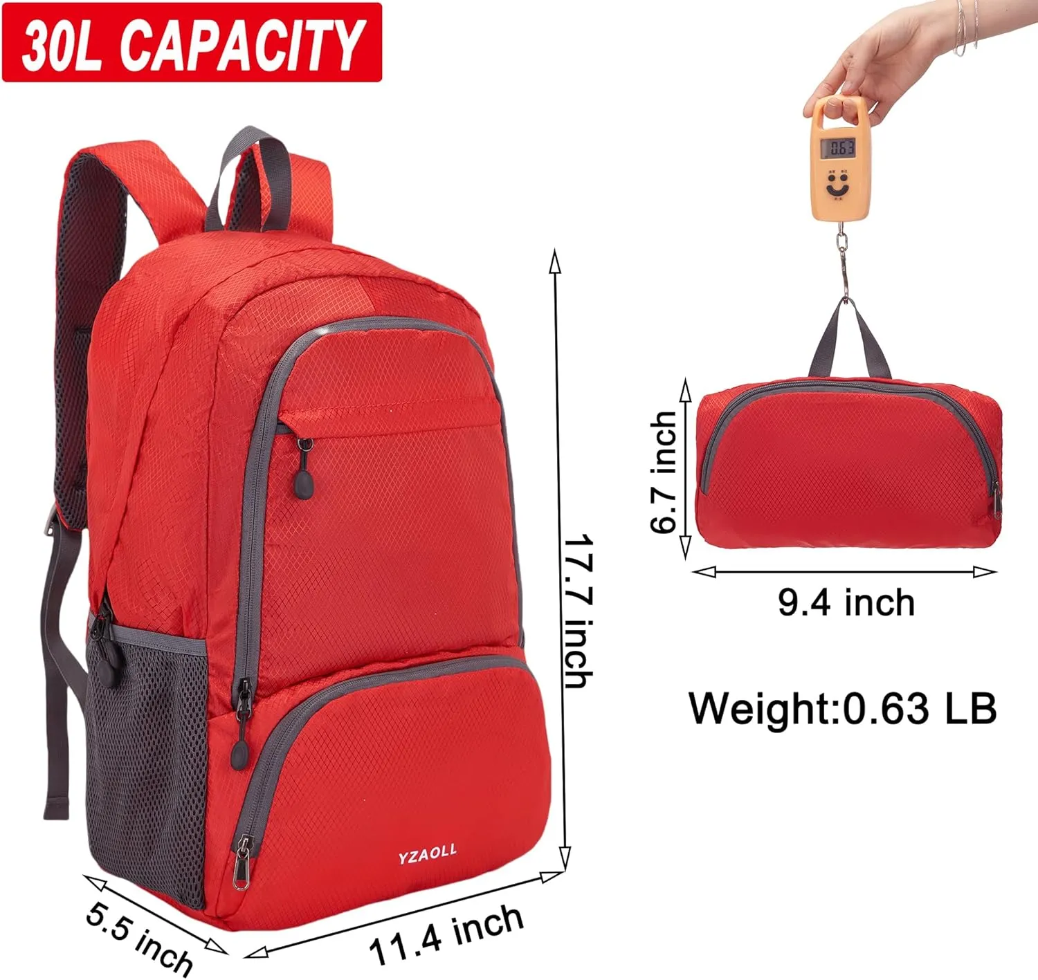 YZAOLL 30L Lightweight Packable Travel Hiking Backpack Daypack Foldable Backpack Water Resistant Daypack for Women Men