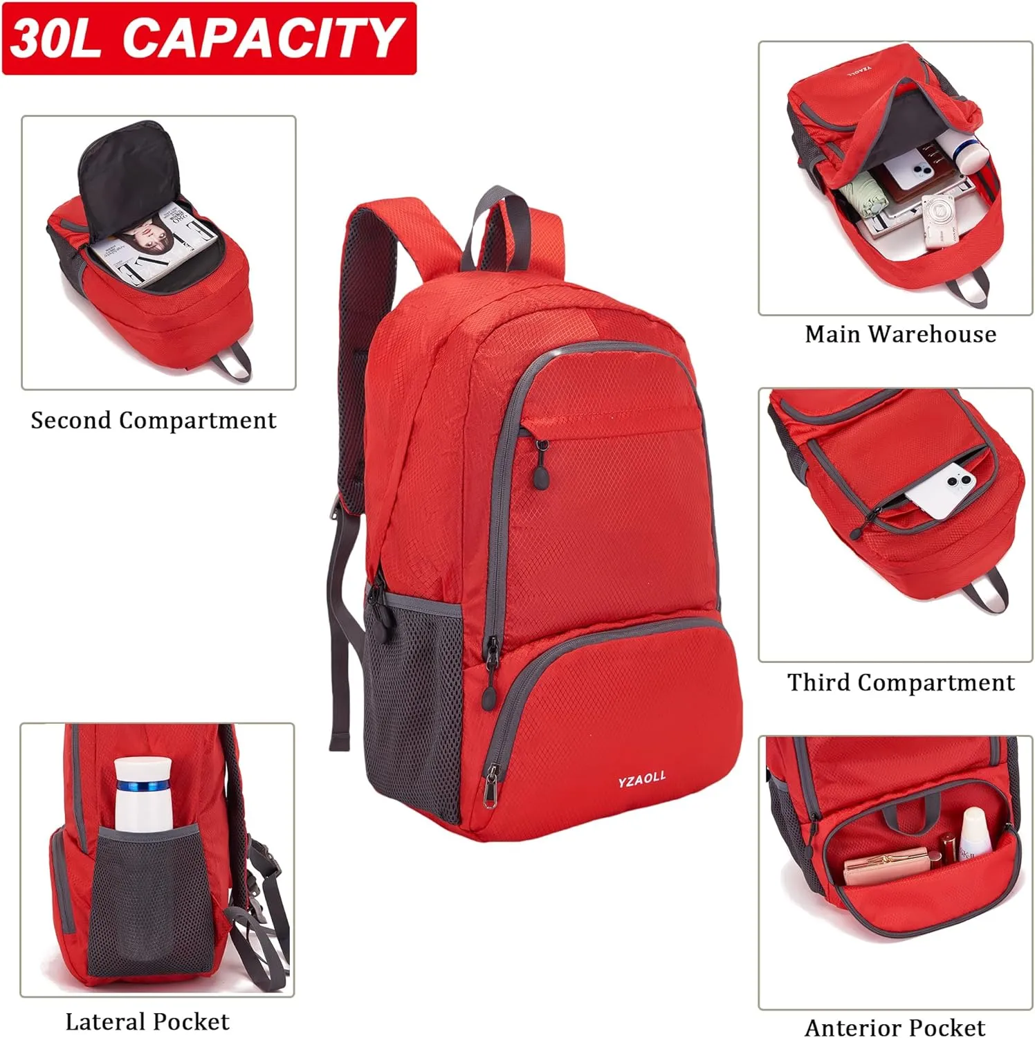 YZAOLL 30L Lightweight Packable Travel Hiking Backpack Daypack Foldable Backpack Water Resistant Daypack for Women Men