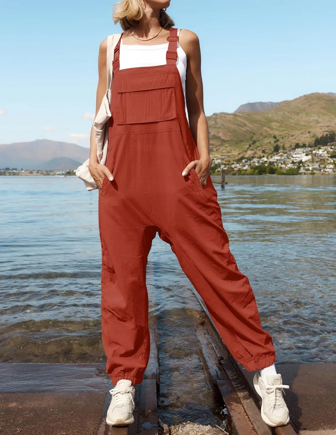 ZESICA Women's Sleeveless Overalls Jumpsuit Casual Loose Adjustable Straps Bib Long Pant Jumpsuits with Pockets