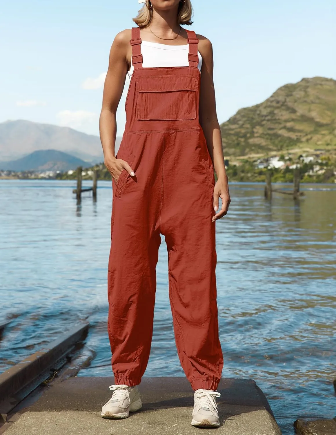 ZESICA Women's Sleeveless Overalls Jumpsuit Casual Loose Adjustable Straps Bib Long Pant Jumpsuits with Pockets