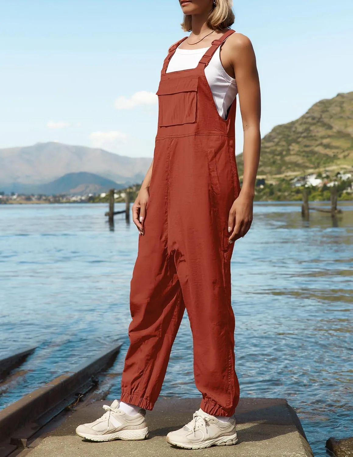 ZESICA Women's Sleeveless Overalls Jumpsuit Casual Loose Adjustable Straps Bib Long Pant Jumpsuits with Pockets