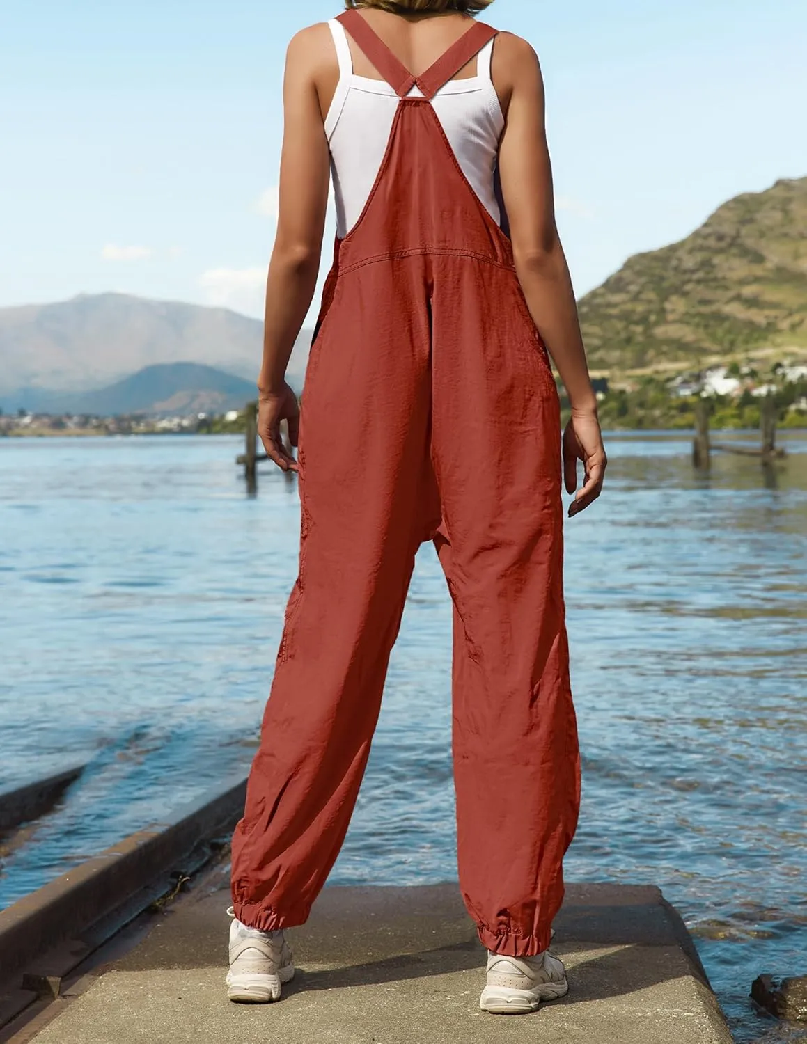 ZESICA Women's Sleeveless Overalls Jumpsuit Casual Loose Adjustable Straps Bib Long Pant Jumpsuits with Pockets