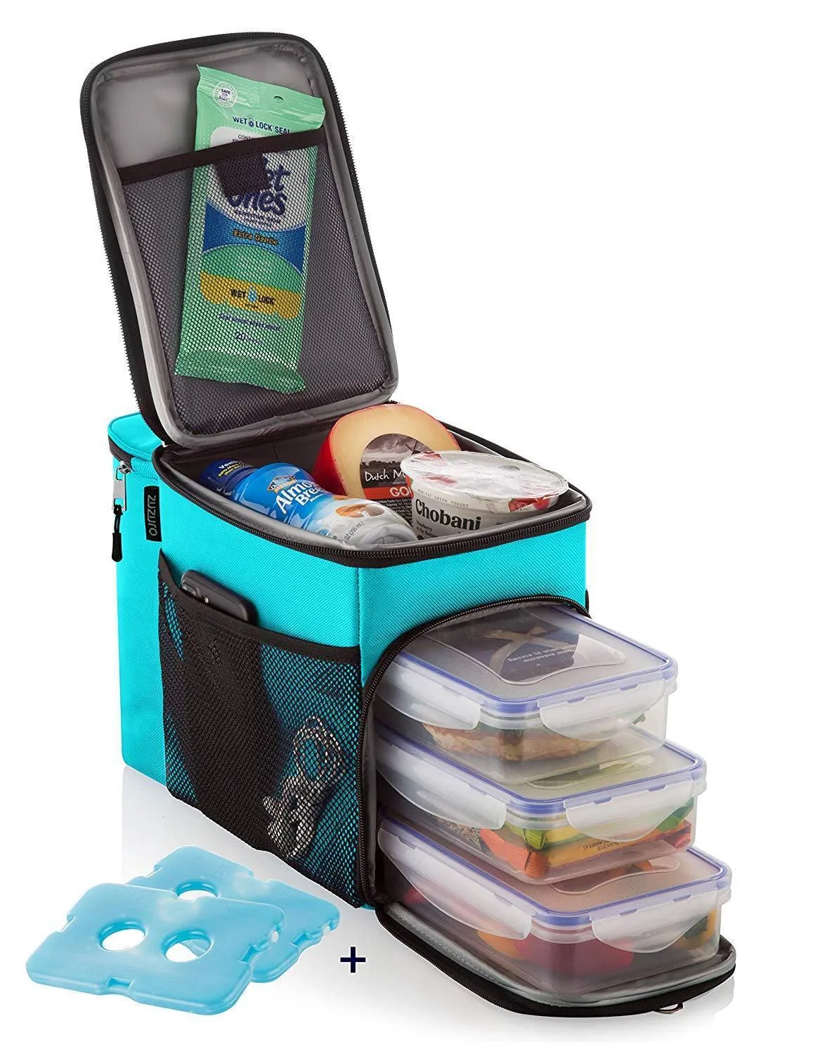 Zuzuro Lunch Bag Insulated Cooler Lunch Box w/ 3 Compartment - Heavy-Duty Fabric, Strong SBS Zippers - Includes 3 Meal Prep Lunch box Containers   2 Ice Packs. For Men Women Adults (Black)