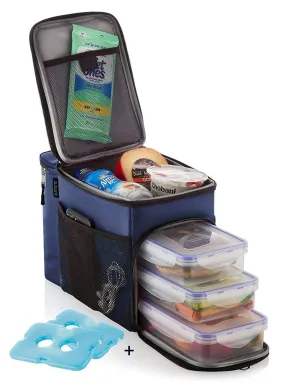 Zuzuro Lunch Bag Insulated Cooler Lunch Box w/ 3 Compartment - Heavy-Duty Fabric, Strong SBS Zippers - Includes 3 Meal Prep Lunch box Containers   2 Ice Packs. For Men Women Adults (Black)