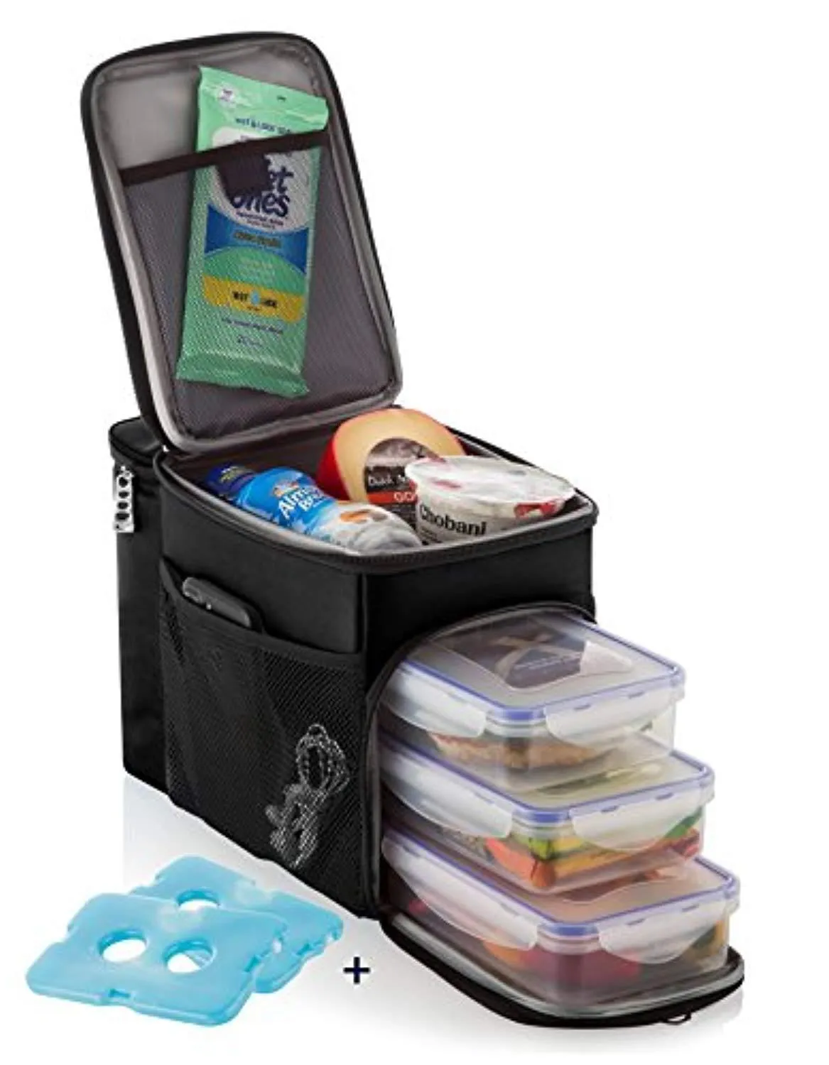 Zuzuro Lunch Bag Insulated Cooler Lunch Box w/ 3 Compartment - Heavy-Duty Fabric, Strong SBS Zippers - Includes 3 Meal Prep Lunch box Containers   2 Ice Packs. For Men Women Adults (Black)
