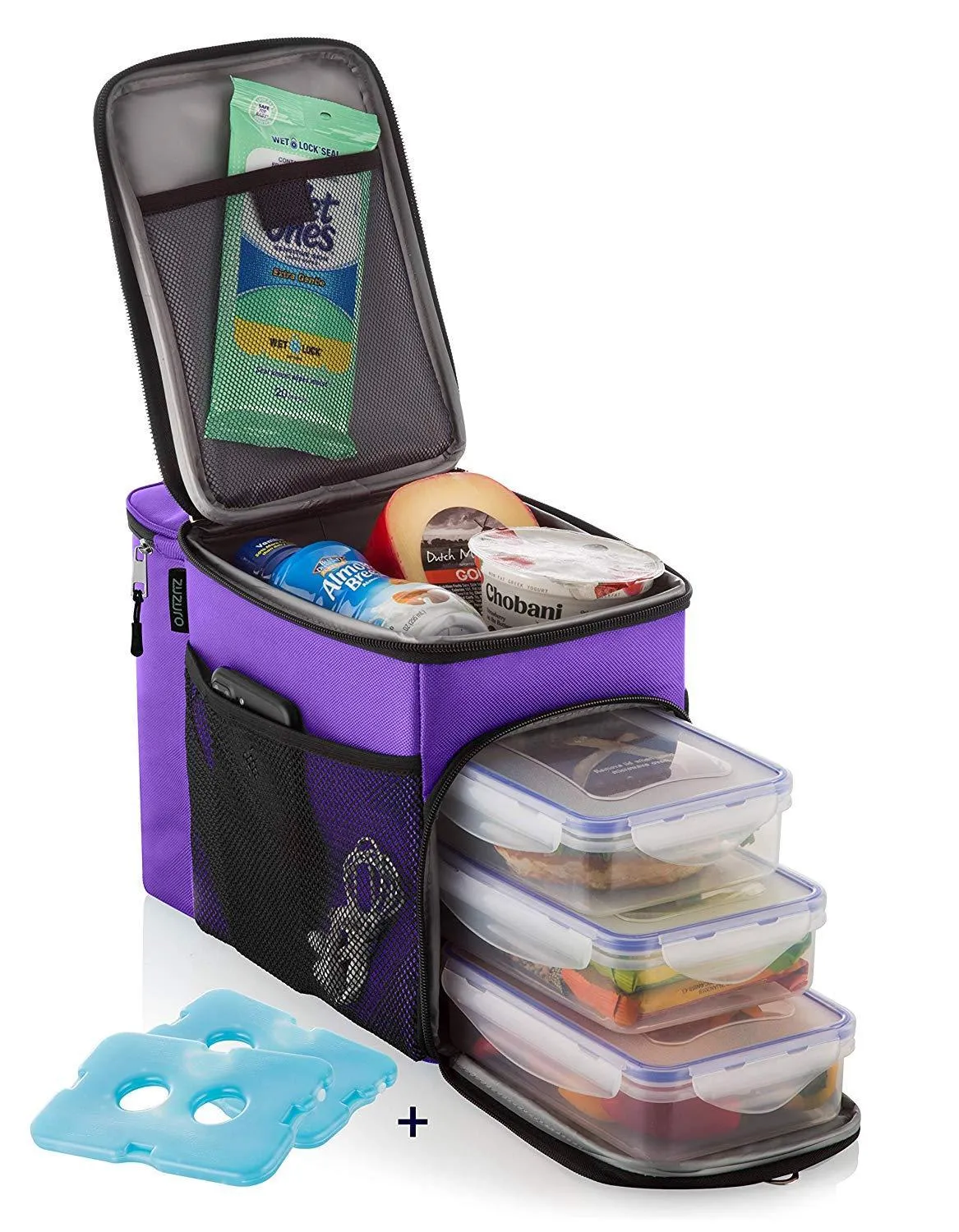 Zuzuro Lunch Bag Insulated Cooler Lunch Box w/ 3 Compartment - Heavy-Duty Fabric, Strong SBS Zippers - Includes 3 Meal Prep Lunch box Containers   2 Ice Packs. For Men Women Adults (Black)