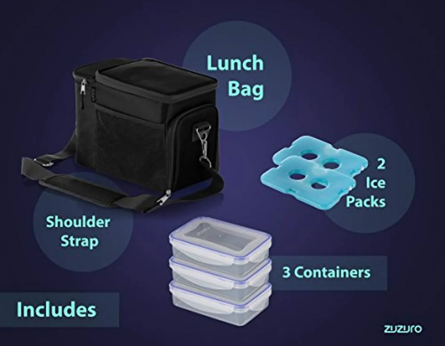 Zuzuro Lunch Bag Insulated Cooler Lunch Box w/ 3 Compartment - Heavy-Duty Fabric, Strong SBS Zippers - Includes 3 Meal Prep Lunch box Containers   2 Ice Packs. For Men Women Adults (Black)