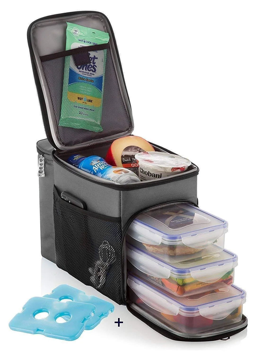 Zuzuro Lunch Bag Insulated Cooler Lunch Box w/ 3 Compartment - Heavy-Duty Fabric, Strong SBS Zippers - Includes 3 Meal Prep Lunch box Containers   2 Ice Packs. For Men Women Adults (Black)