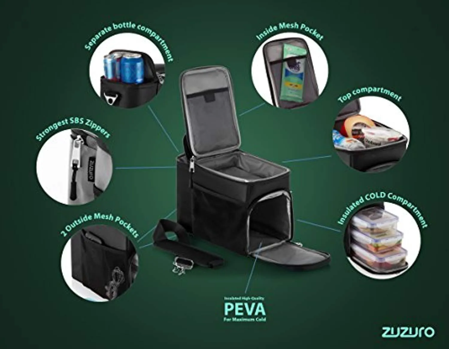Zuzuro Lunch Bag Insulated Cooler Lunch Box w/ 3 Compartment - Heavy-Duty Fabric, Strong SBS Zippers - Includes 3 Meal Prep Lunch box Containers   2 Ice Packs. For Men Women Adults (Black)
