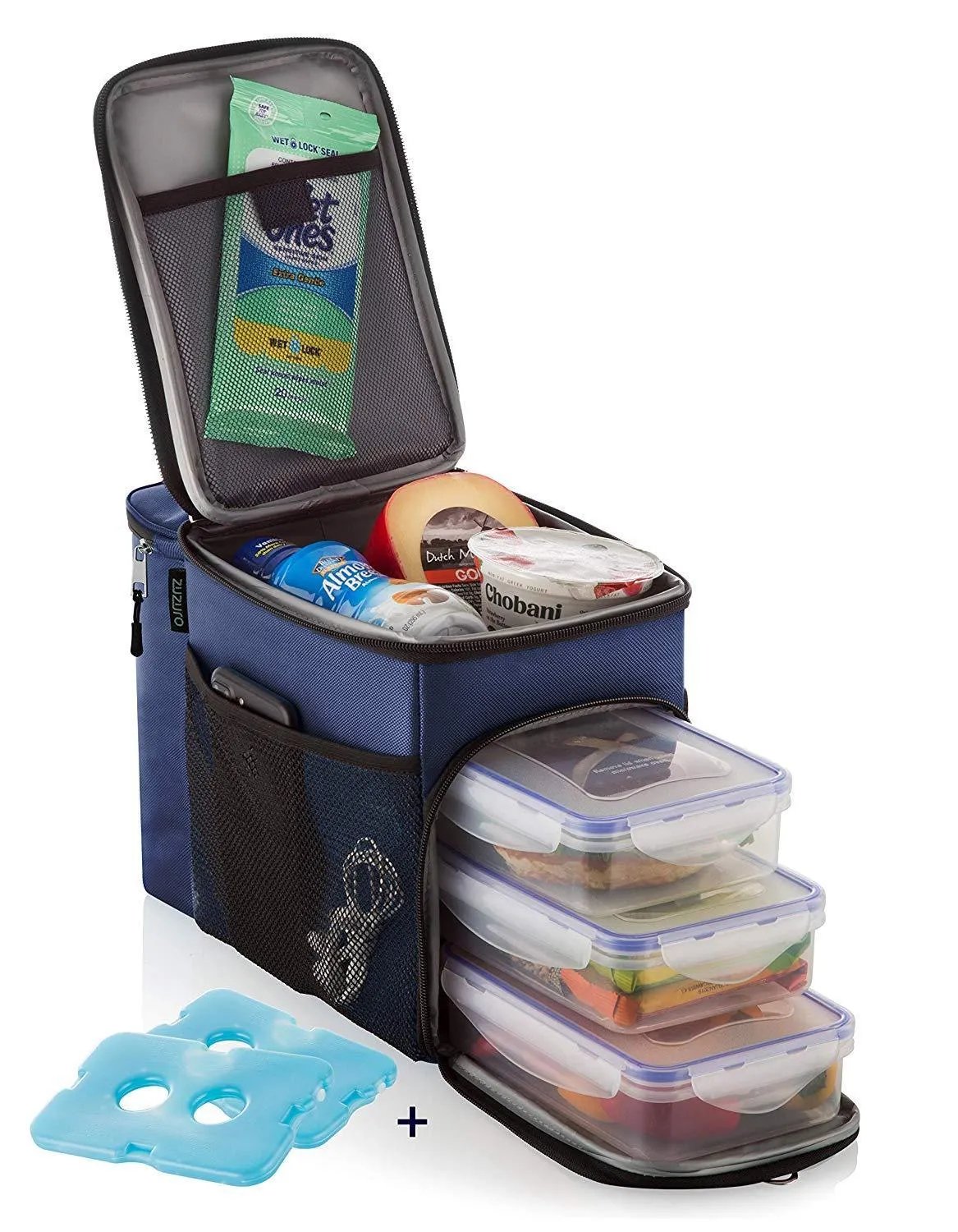 Zuzuro Lunch Bag Insulated Cooler Lunch Box w/ 3 Compartment - Heavy-Duty Fabric, Strong SBS Zippers - Includes 3 Meal Prep Lunch box Containers   2 Ice Packs. For Men Women Adults (Black)